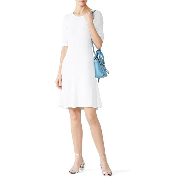 Slate & Willow Ivory Knit Ribbed Midi Knee Length Hourglass Flare Sweater Dress - Picture 1 of 11